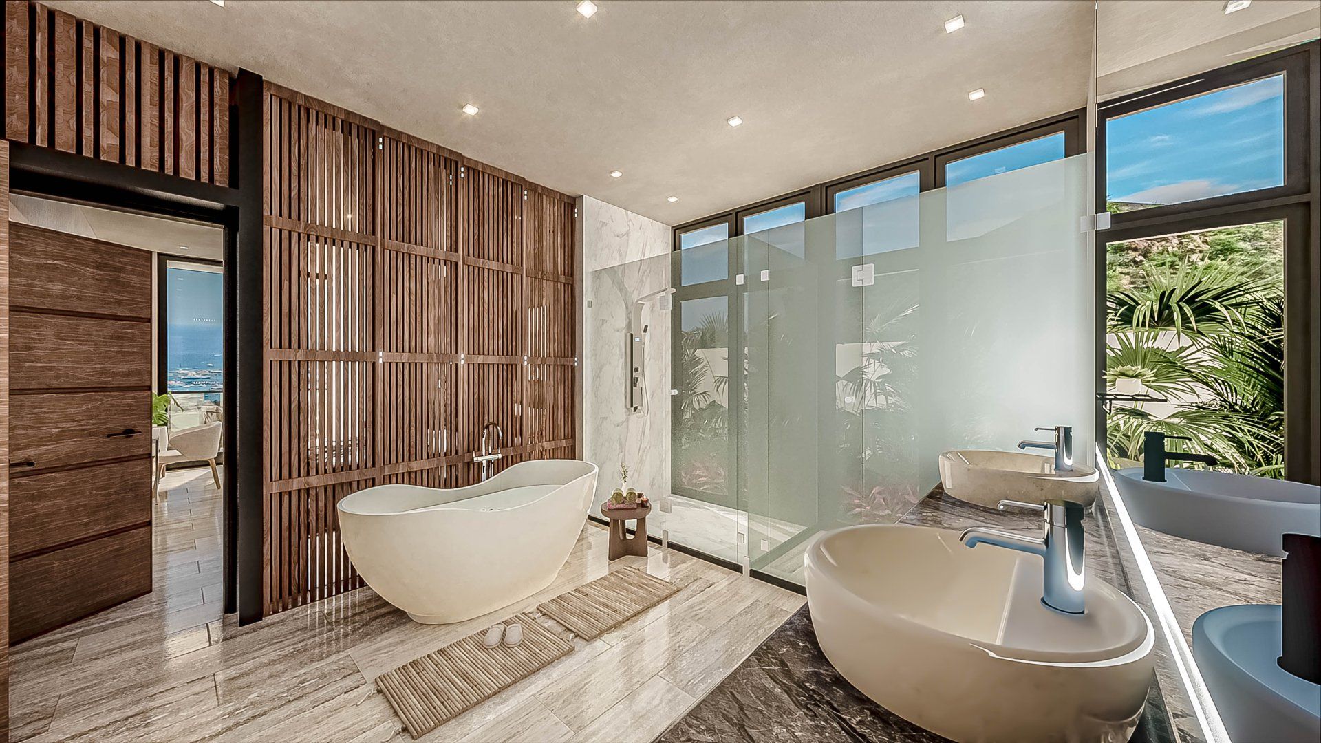 A bathroom with two sinks , a bathtub , and a walk in shower.