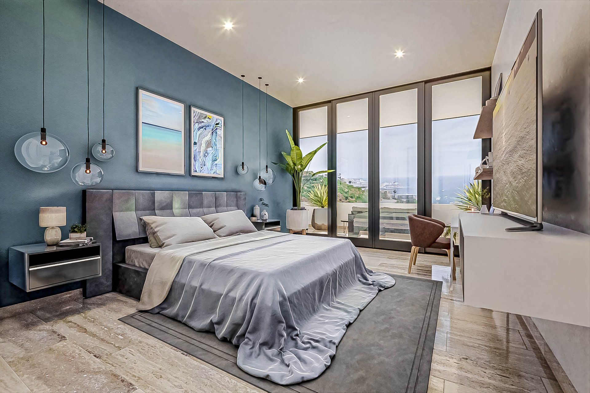 An artist 's impression of a bedroom with a large bed and a flat screen tv.