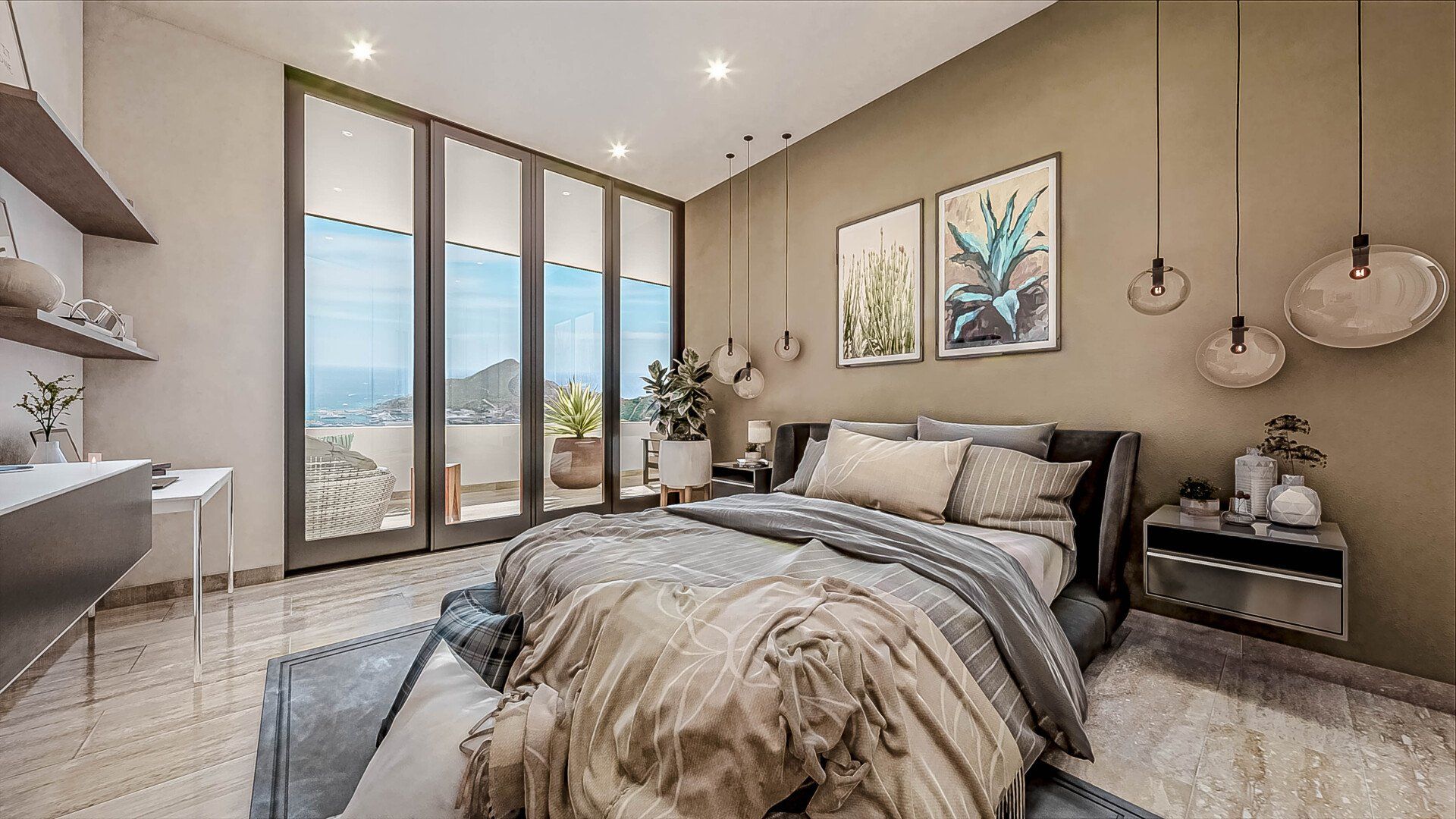 An artist 's impression of a bedroom with a large bed and a balcony.