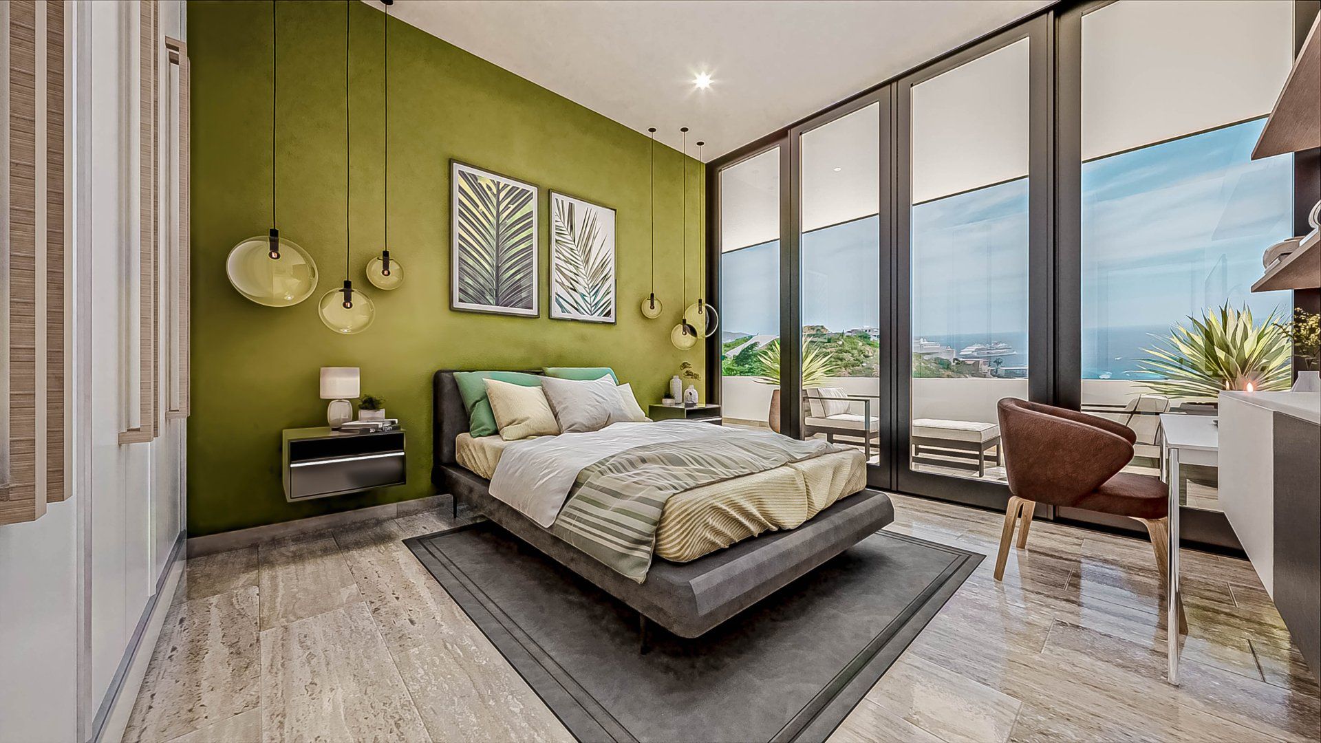 A bedroom with a bed , desk , chair and large windows.