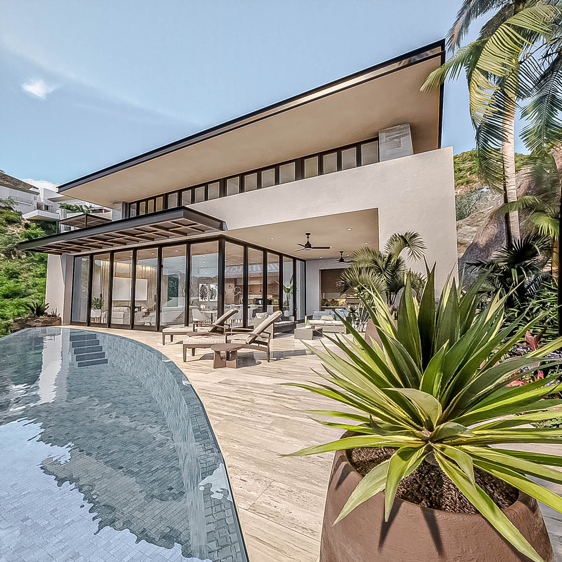 A large house with a swimming pool in front of it.