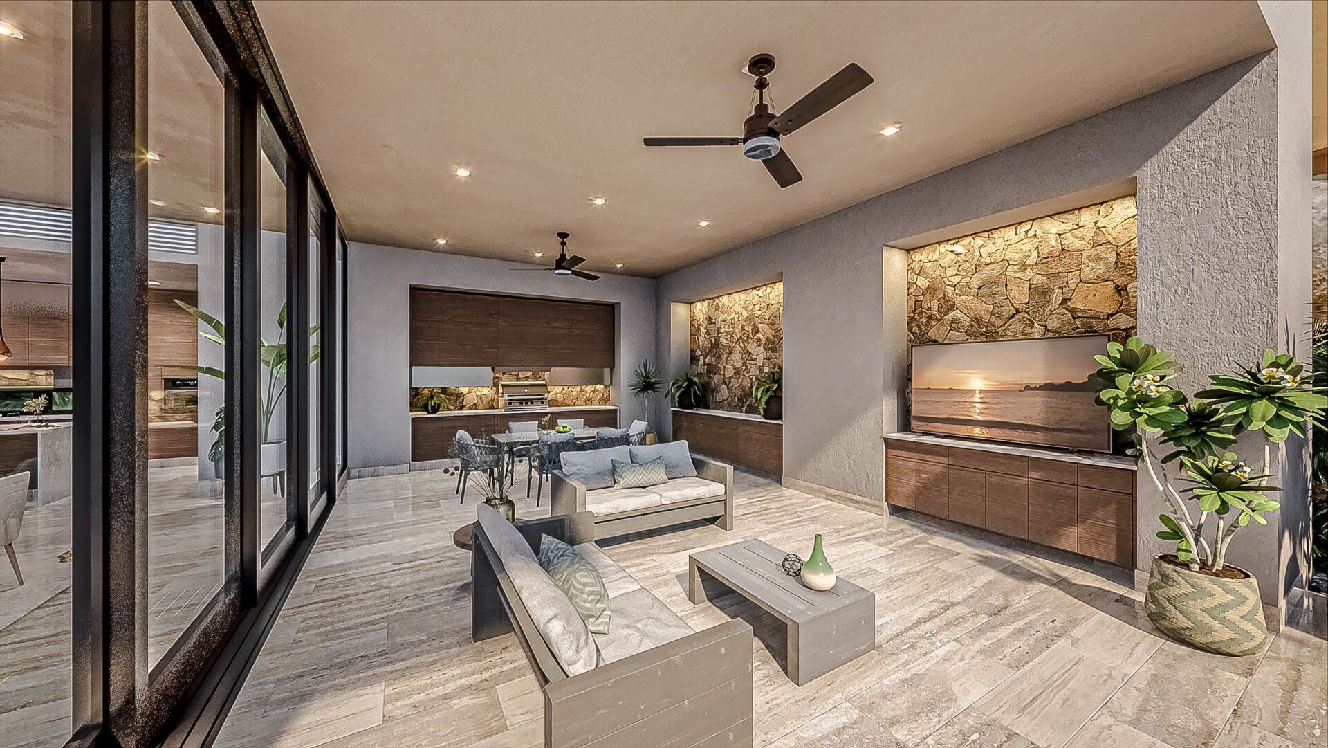 An artist 's impression of a living room with a ceiling fan.