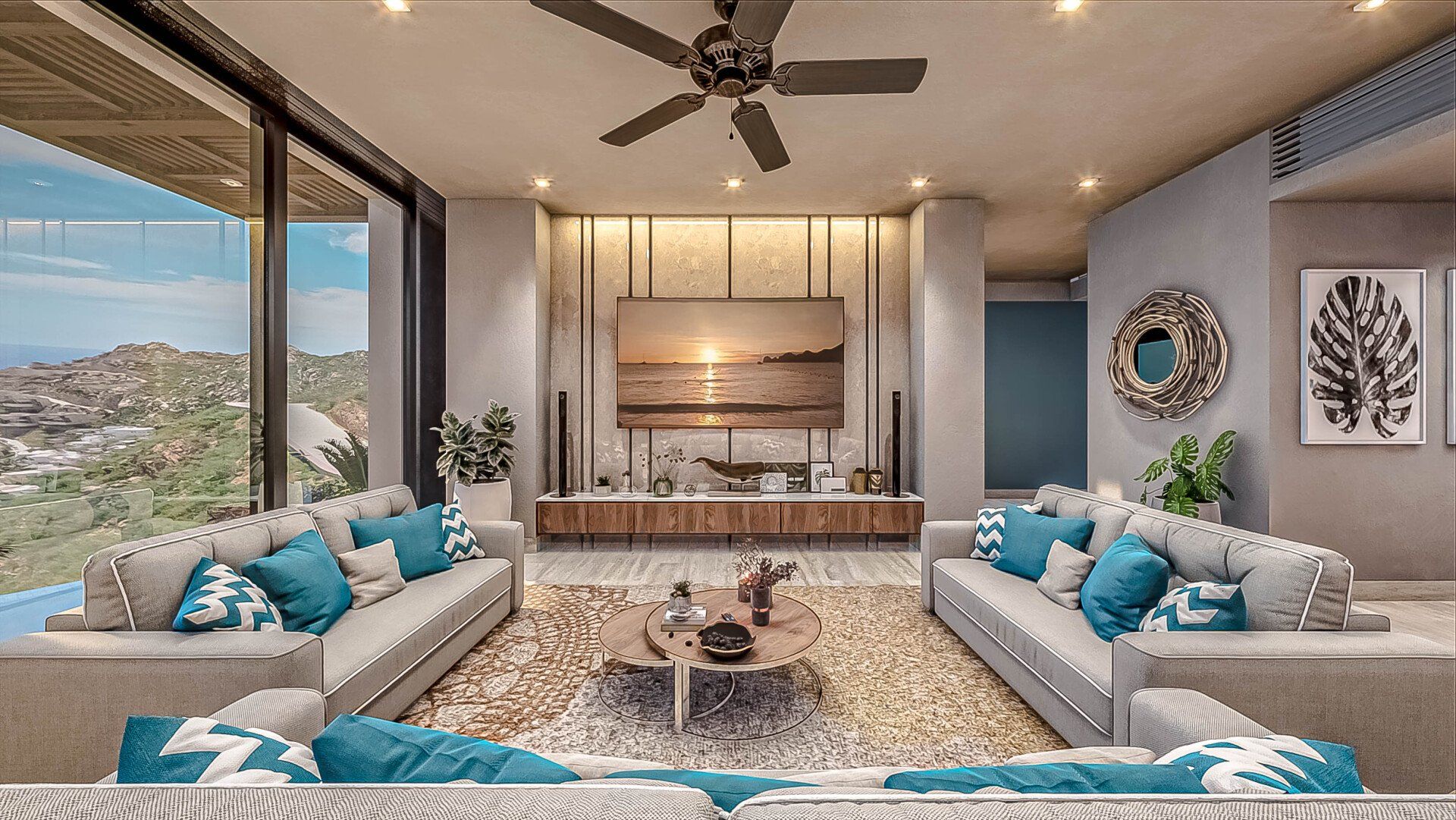 A living room with a lot of furniture and a ceiling fan.