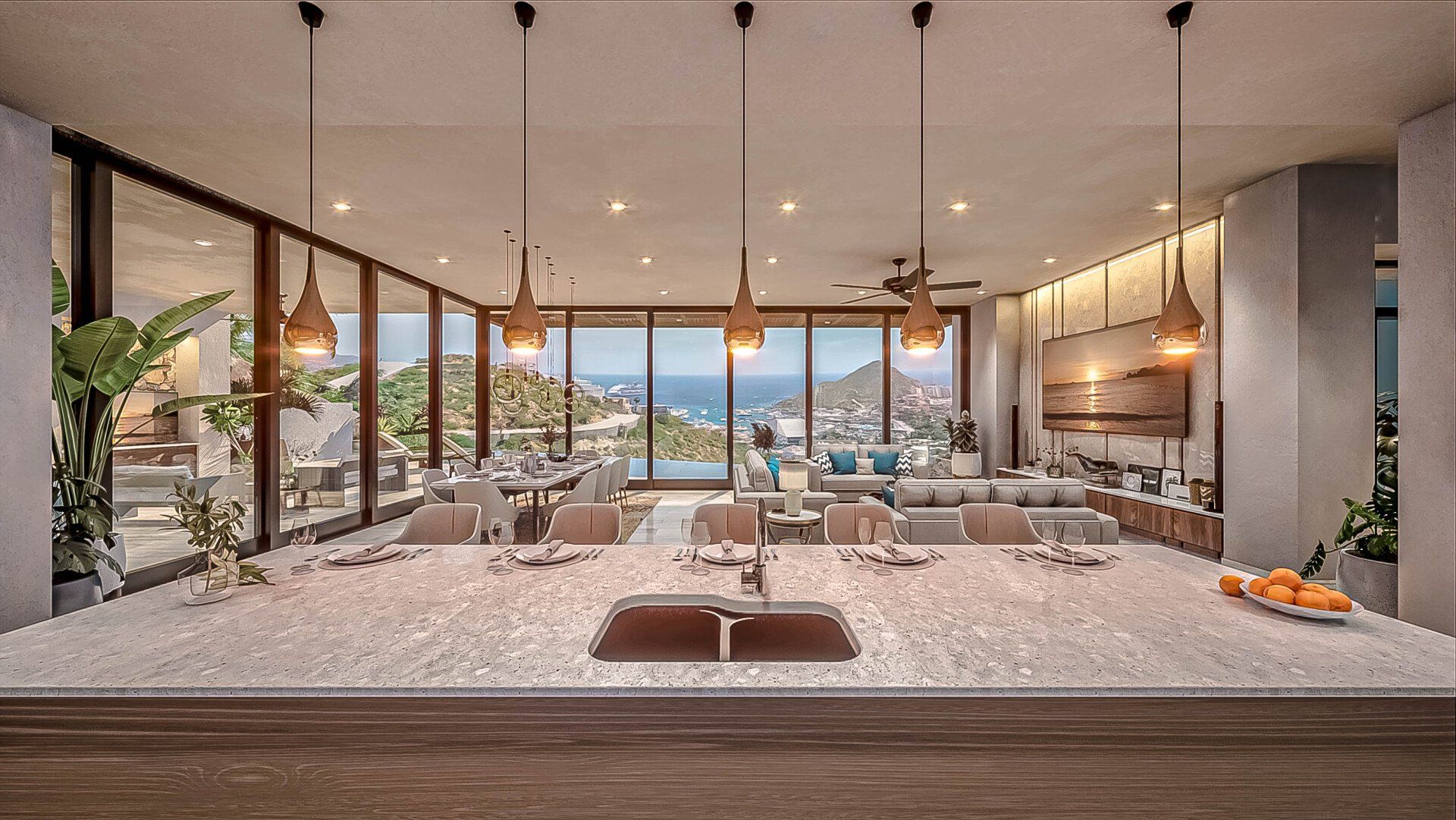 An artist 's impression of a kitchen with a sink and a view of the ocean.