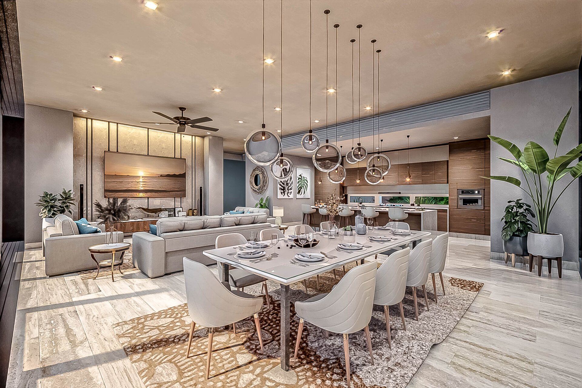 An artist 's impression of a living room and dining room in a house.