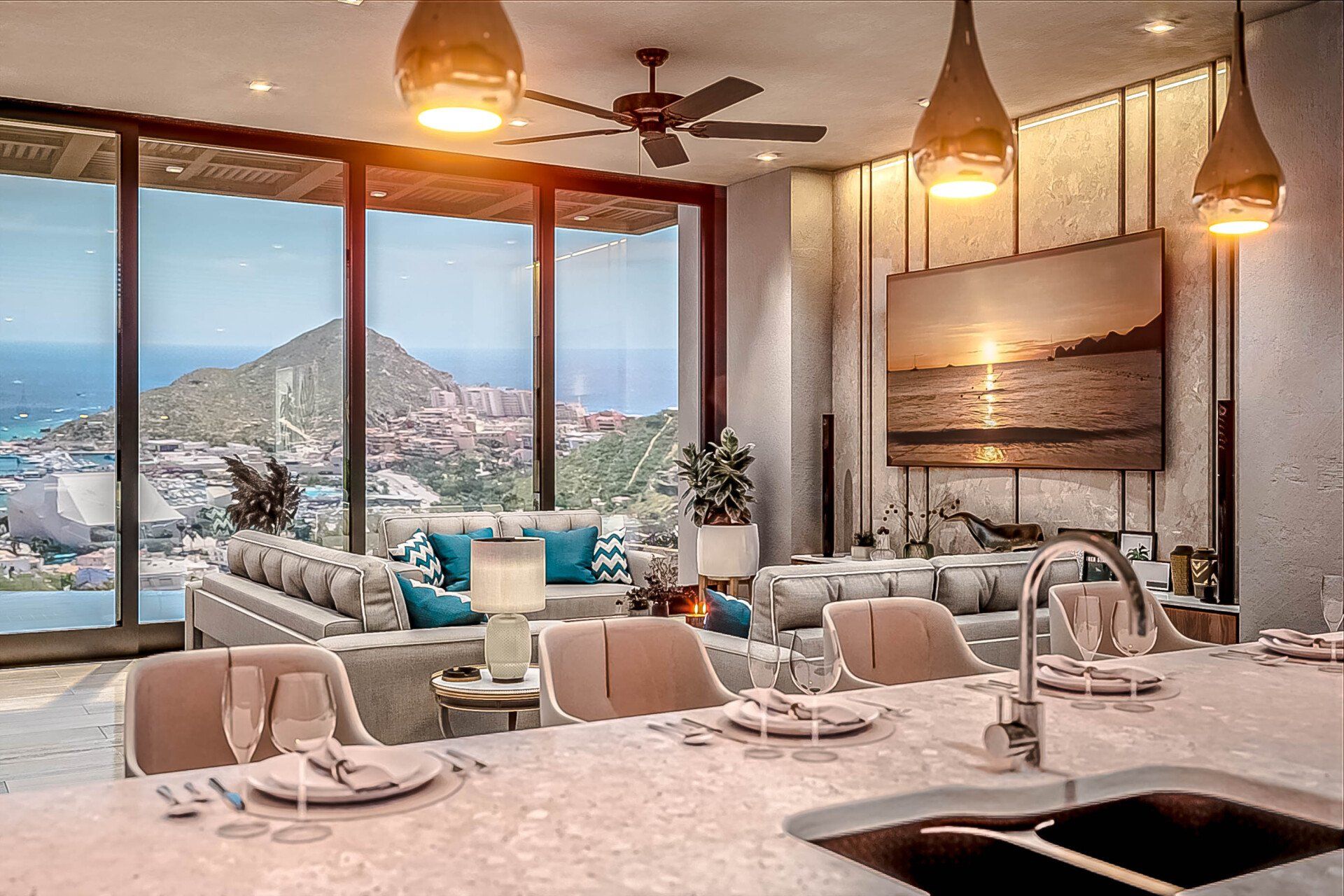 A living room with a lot of windows and a ceiling fan.
