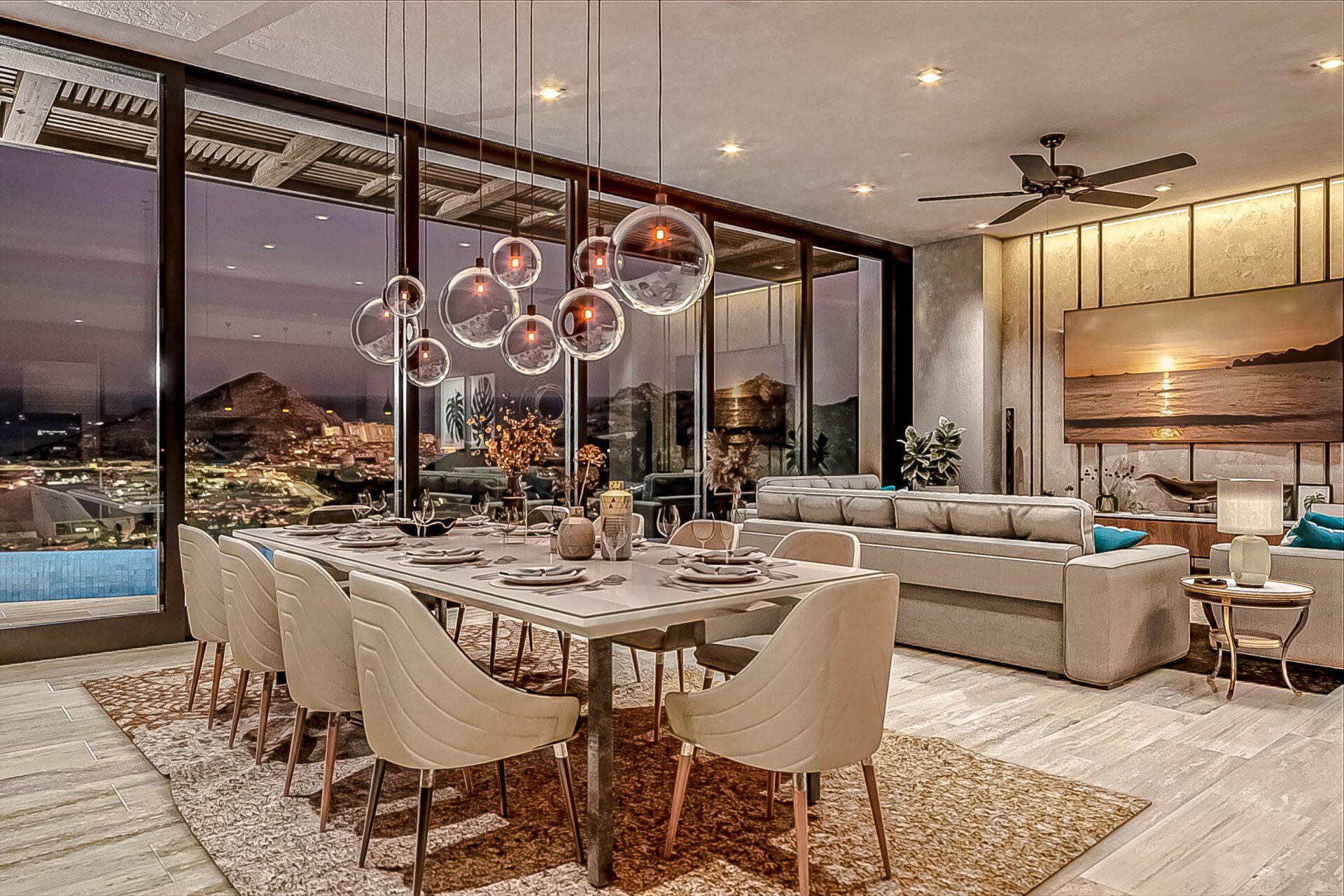 An artist 's impression of a dining room with a long table and chairs.