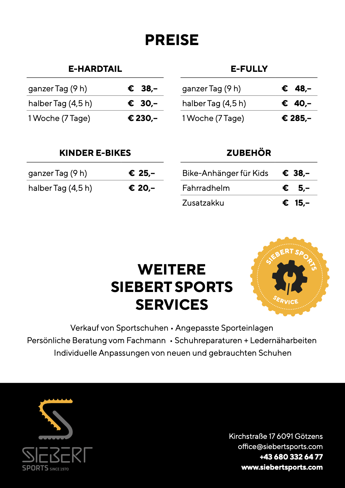 Siebert Sports E-Bike-Verleih Preise