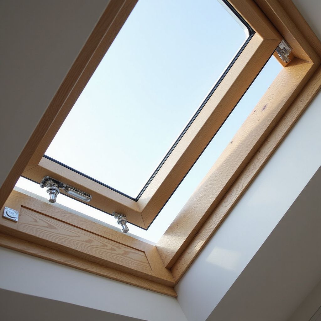 Open skylight with wooden frame against a blue sky.