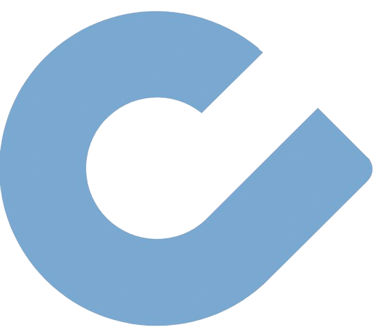 A blue letter c with a white outline on a white background