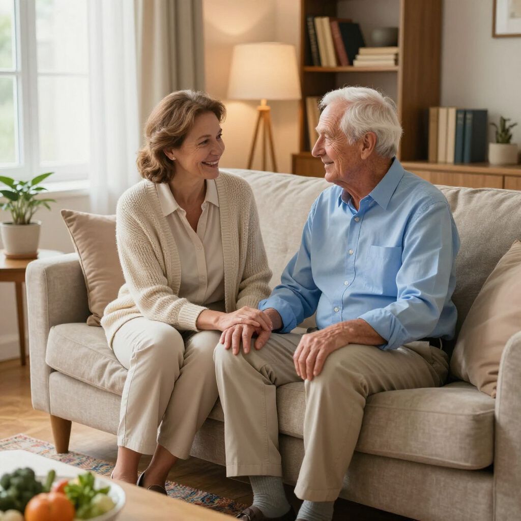 Two people sit on a beige sofa, smiling and holding hands in a brightly lit, cozy living room.