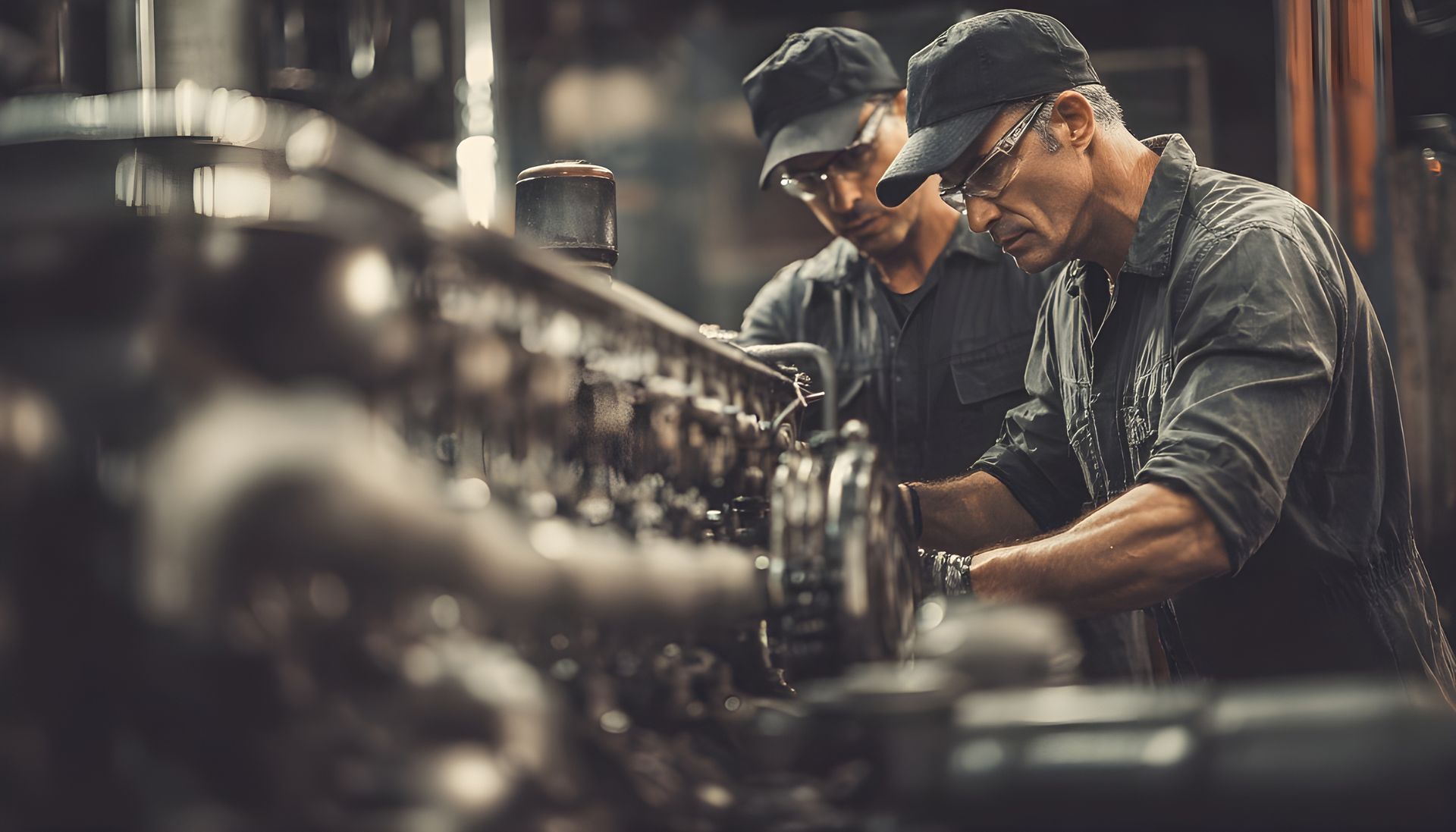 View of two mechanics working on a diesel engine, using grey uniforms and safety glasses.