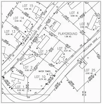 A land survey map showing residential lots, Moccasin Drive, a playground, and a water tower location.