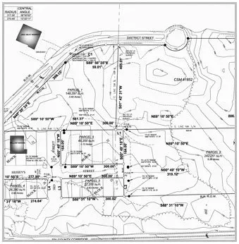 A technical site plan showing surveyed property parcels, boundary lines, measurements, and topographical contour lines.