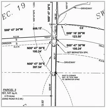 A survey plat map showing property lines, boundary coordinates, L1-L3 markers, and driveway locations in Section 19.