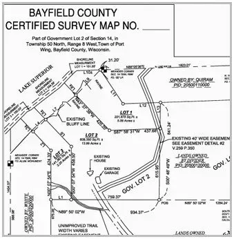 A Bayfield County, Wisconsin certified survey map showing property lines, acreage, and easements for three lots.