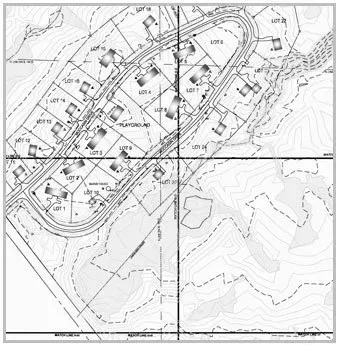 A black-and-white site plan map shows a residential subdivision with numbered lots, roads, a playground, and topography.