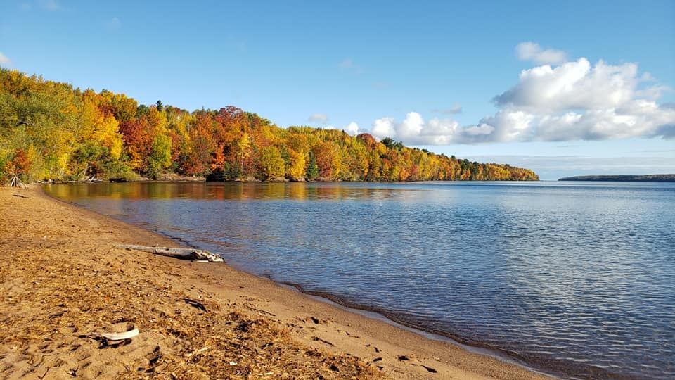 A sandy lakeshore borders a forest displaying vibrant autumn foliage under a bright blue sky with scattered clouds.