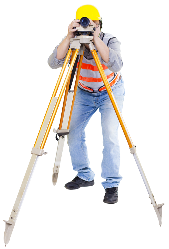 A construction worker in a hard hat and safety vest looking through a surveying instrument mounted on a tripod.