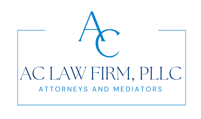 Logo for AC Law Firm: Blue letters and text within a blue-lined rectangle. Text: AC LAW FIRM, ATTORNEYS AND MEDIATORS.