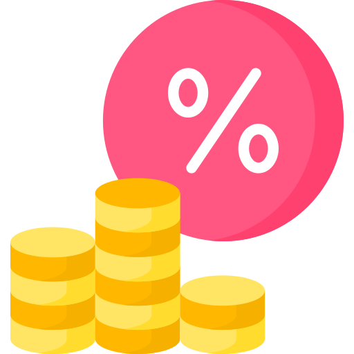 A stack of gold coins next to a pink percent sign.