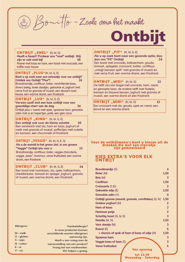 Ontbijtkaart van Bonitto in Beerse met verse ontbijtgerechten, broodjes, croissants, yoghurt, fruit en koffie voor een heerlijke start van de dag.
