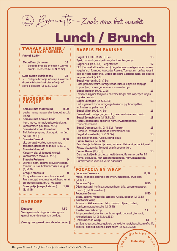 Menu kaart met vers belegde broodjes bij Bonitto in Beerse, inclusief klassiekers, clubsandwiches, wraps en rijk gevulde lunchbroodjes.
12-uurtje menu bij Bonitto in Beerse met huisgemaakte soep, rijk belegde boterhammen, een warme snack en verse garnituren voor een complete lunch.