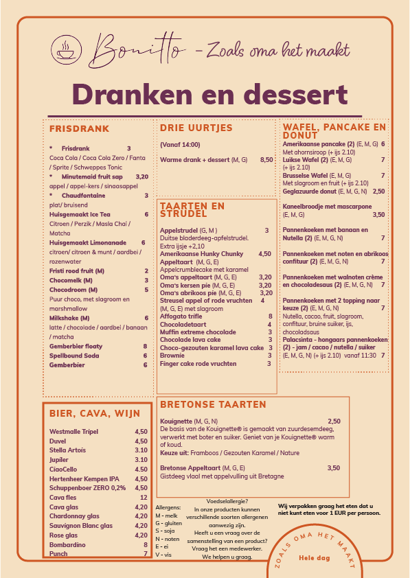 Menukaart voor Bonitto met drank- en dessertopties, inclusief prijzen, in het Nederlands. Bruine achtergrond.