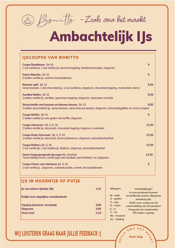 Menukaart van ijssalon 