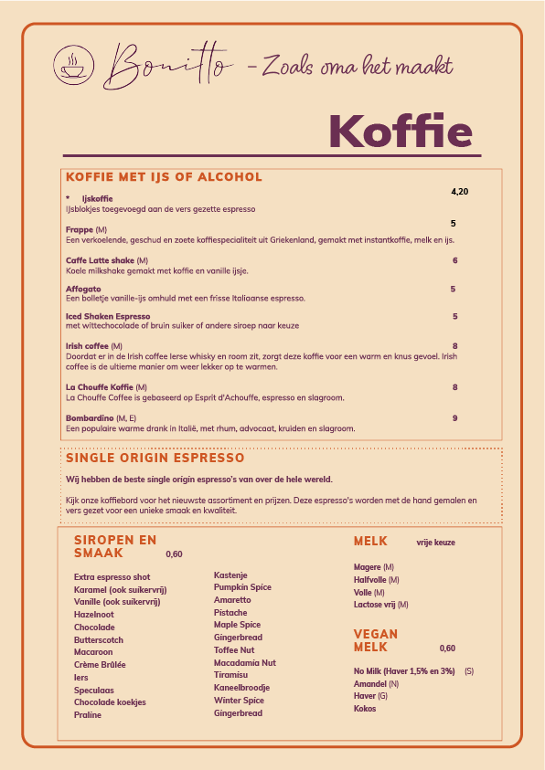 Koffiemenu met opties voor koffie met en zonder alcohol en toevoegingen zoals melk en veganistische melk.