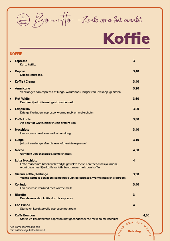 Menu kaart met koffiespecialiteiten bij Bonitto in Beerse, inclusief espresso, cappuccino, latte macchiato, koffie verkeerd en andere warme koffiedranken.