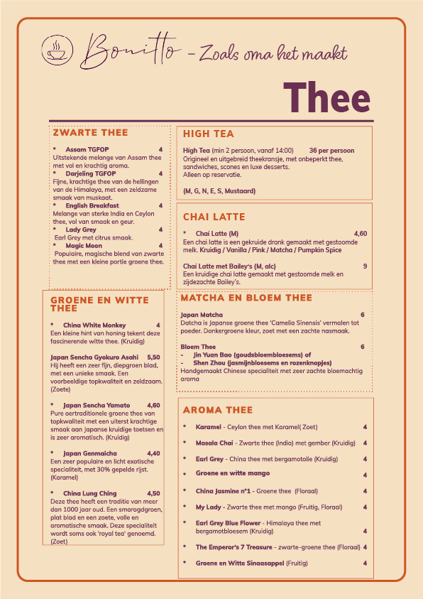 Menu kaart met thee specialiteiten bij Bonitto in Beerse, inclusief zwarte thee, groene thee, kruidenthee, vruchtenthee en andere warme theevariaties.