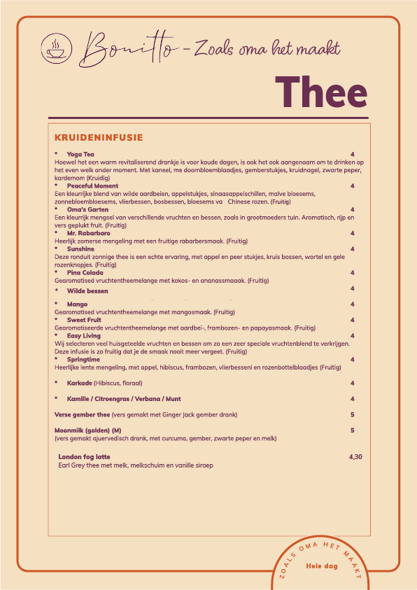 Theemenu van Bonitto koffiehuis in Beerse met een ruime keuze aan zwarte thee, groene thee, kruideninfusies en fruitige theesoorten.