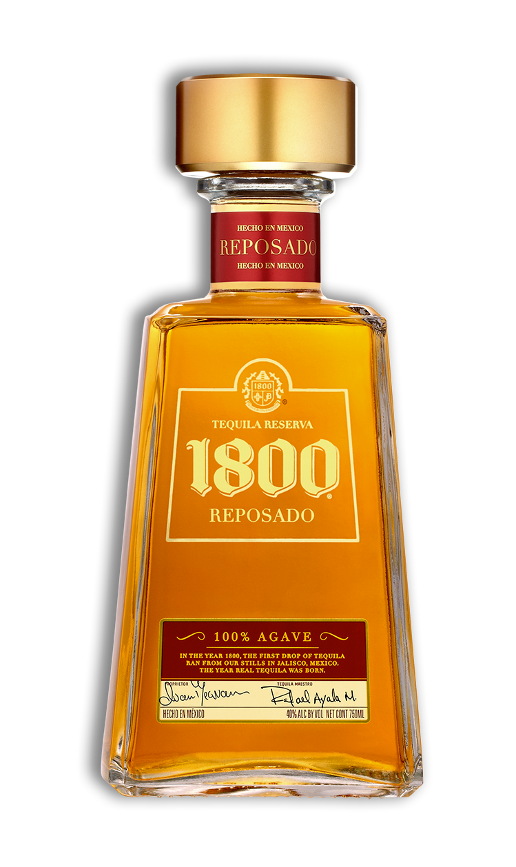 Bottle of 1800 Reposado tequila with a gold cap and a red and gold label.