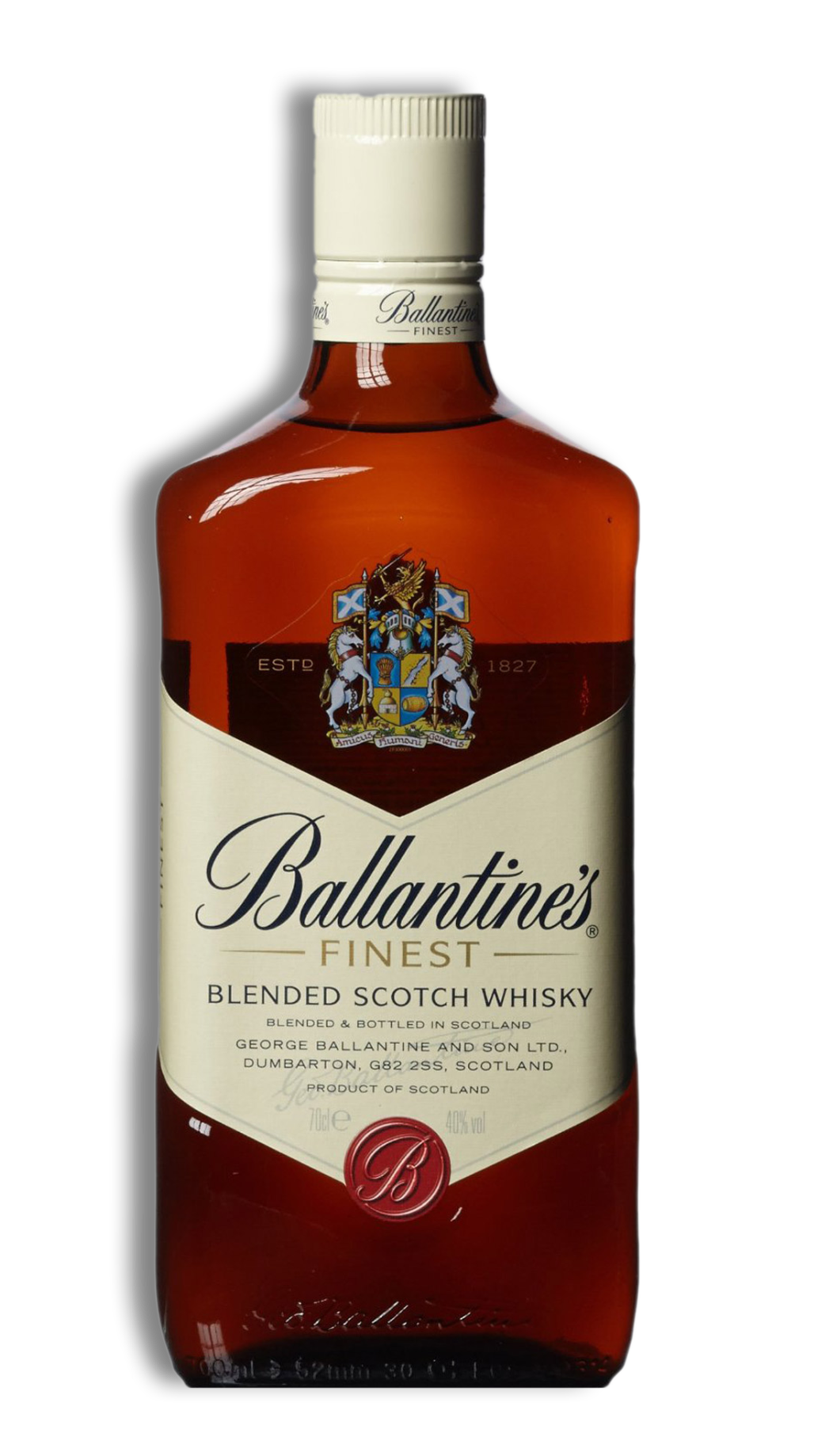 Bottle of Ballantine's Finest Blended Scotch Whisky, amber liquid, white label and cap, brown background.