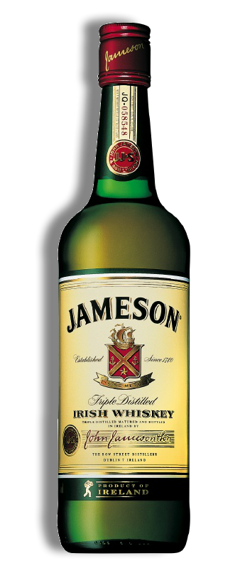 Bottle of Jameson Irish Whiskey, green glass, cream label, red cap.