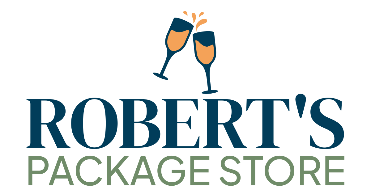 Robert's Package Store logo: two champagne glasses clinking above dark blue text on a white background.