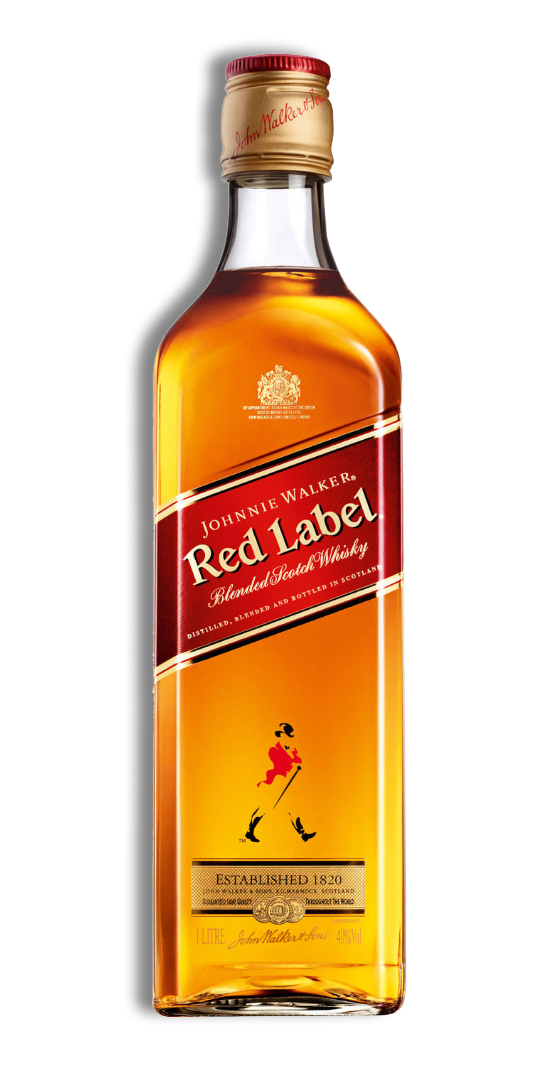 Bottle of Johnnie Walker Red Label scotch whiskey with red and gold label.