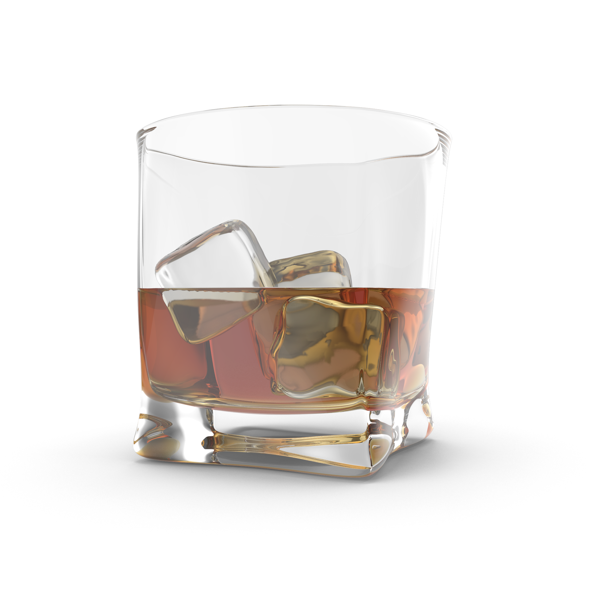 Glass of amber-colored liquid with ice cubes, against a white background.