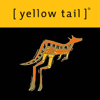 Yellow Tail wine logo: stylized orange kangaroo on black background.