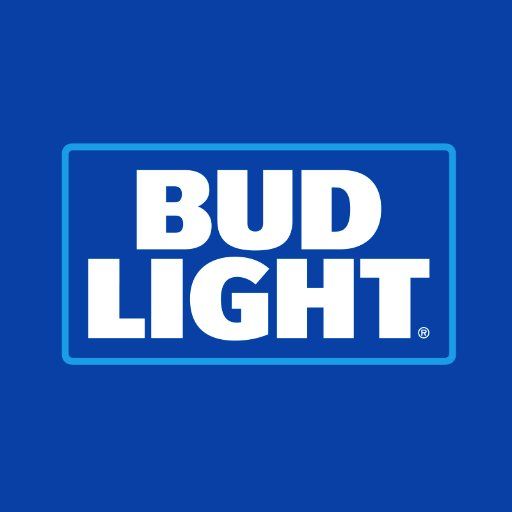 Bud Light logo on a blue background, white text in a blue outlined rectangle.
