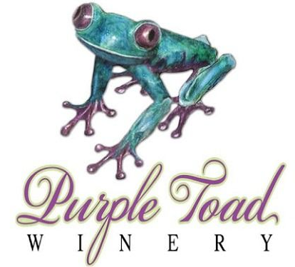Green and purple frog above the words "Purple Toad Winery".