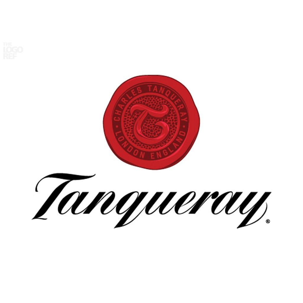 Tanqueray logo: Red wax seal with "Charles Tanqueray London England" around a "T"; script "Tanqueray" below.