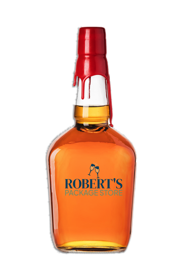 Bottle of Robert's Package Store bourbon, amber liquid, red wax seal, black label.