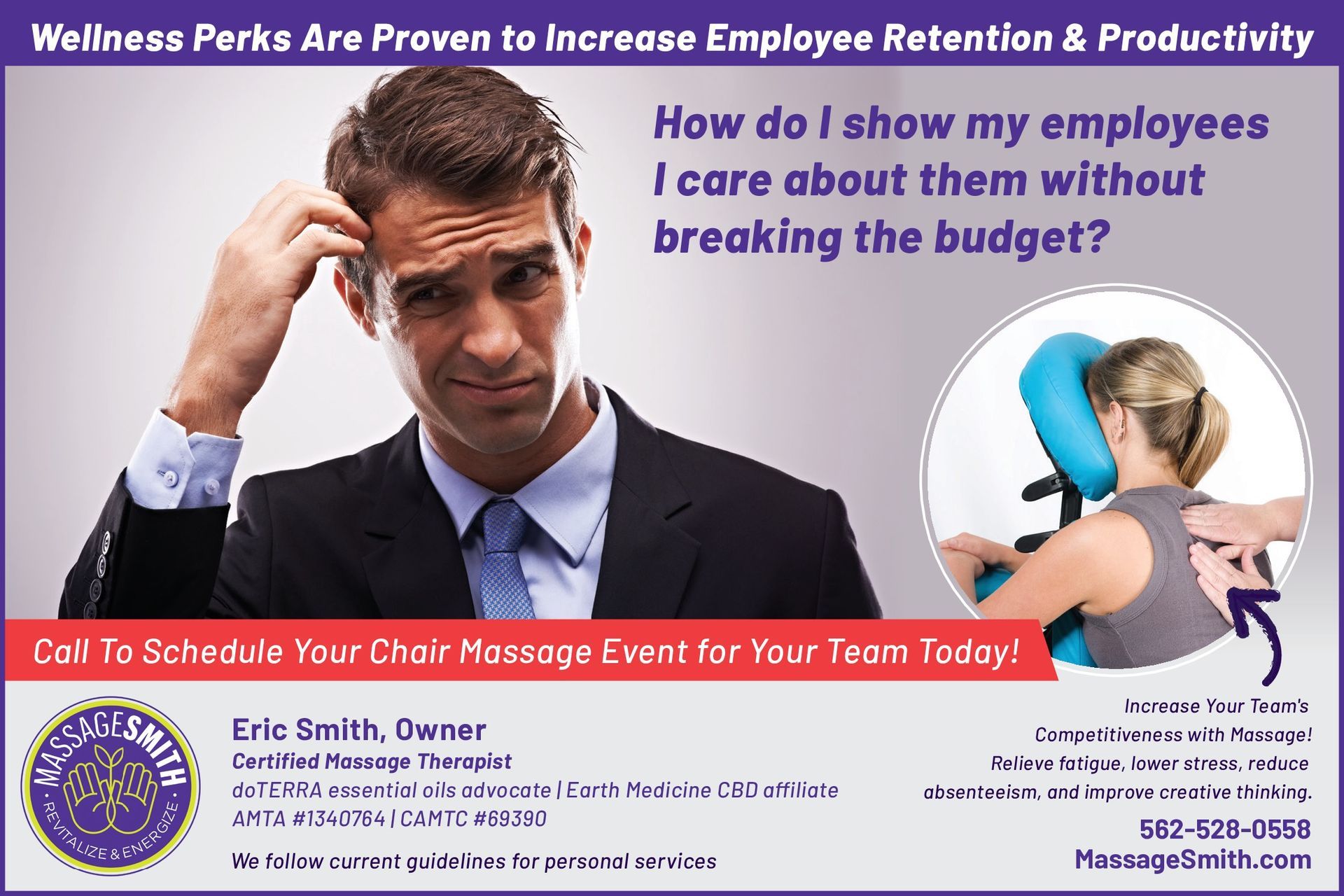 An advertisement for massage smith shows a man scratching his head