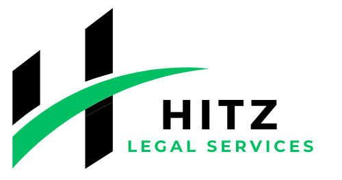 The logo for hitz legal services is black and green.