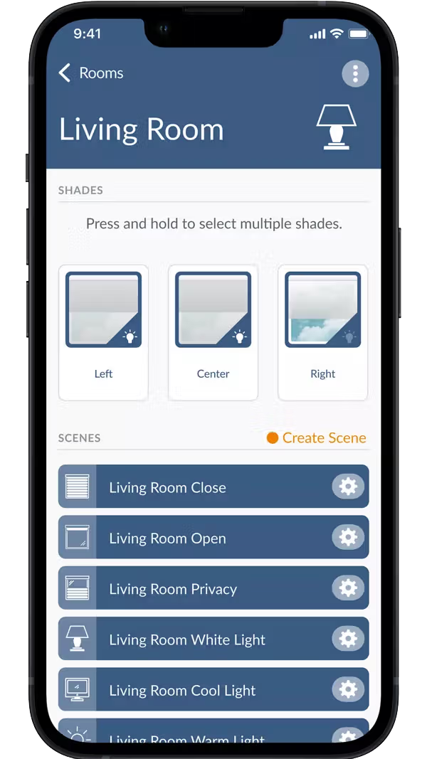 Smartphone app screen showing living room controls; options to set shades and scenes.