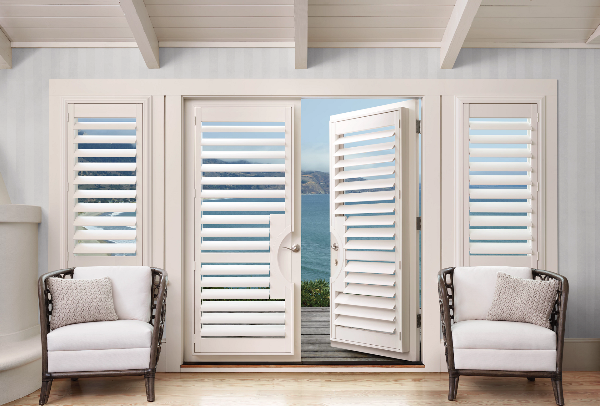 Hunter Douglas Palm Beach™ Polysatin™ Vinyl Shutters on French doors 