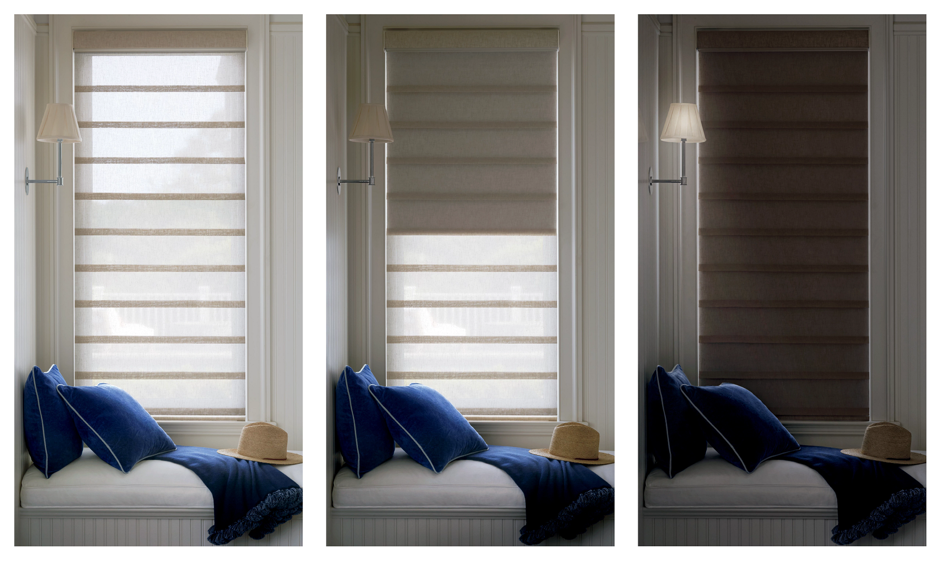 Hunter Douglas Vignette® Roman Shades darkening window in three stages.