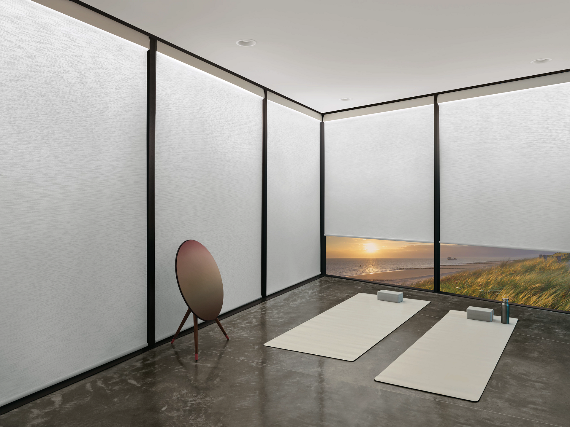 Workout room with neutral Aura® Illuminated Shades